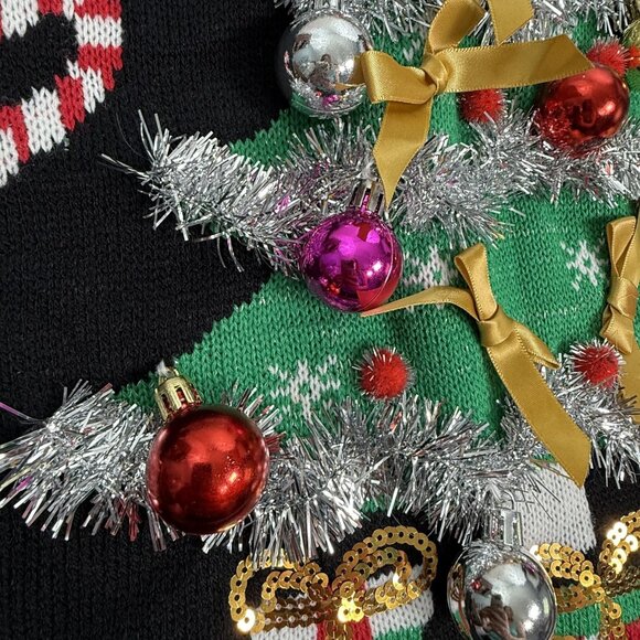 Joyland Christmas Sweater Womens XL 3D Ornaments Santa Tinsel Sequins Tree Bows - Picture 6 of 9